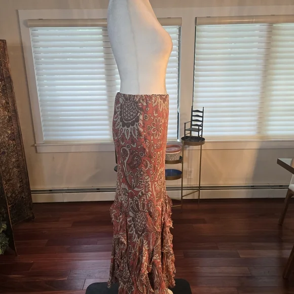 100% Silk Y2K Ruffled Paisley Floral Maxi Skirt Pink Cream Womens Size 14 - Picture 5 of 11